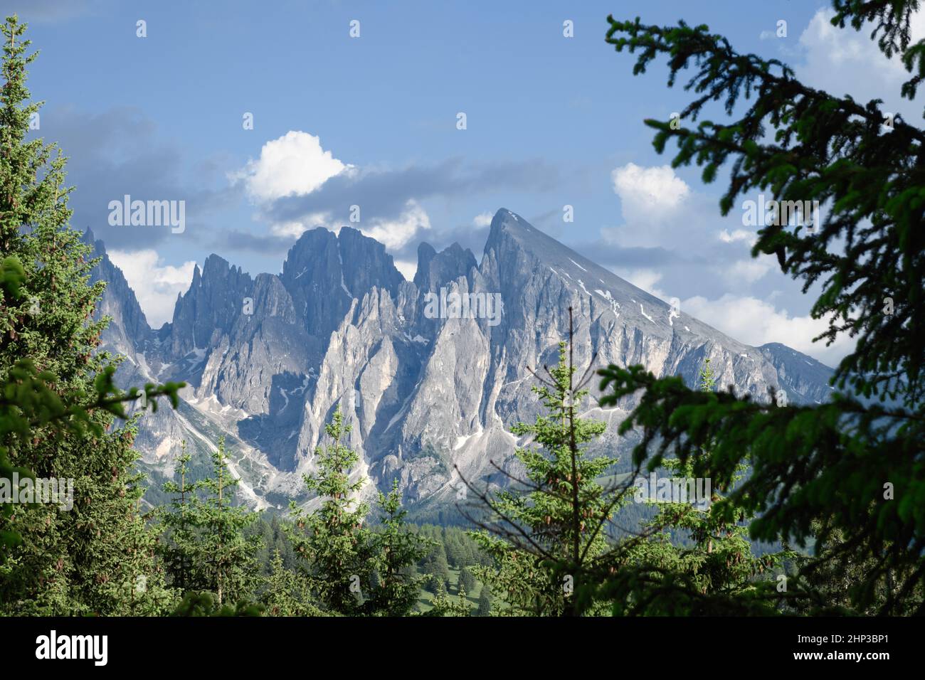 A summer mountain panorama with a blue sky and a few clouds on the Seiseralm in South Tyrol. Stock Photo