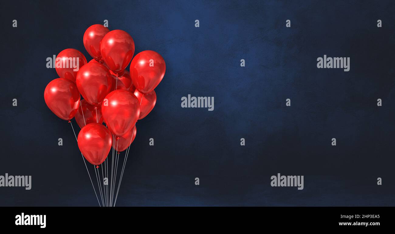 Red balloons bunch on a black wall background. Horizontal banner. 3D ...