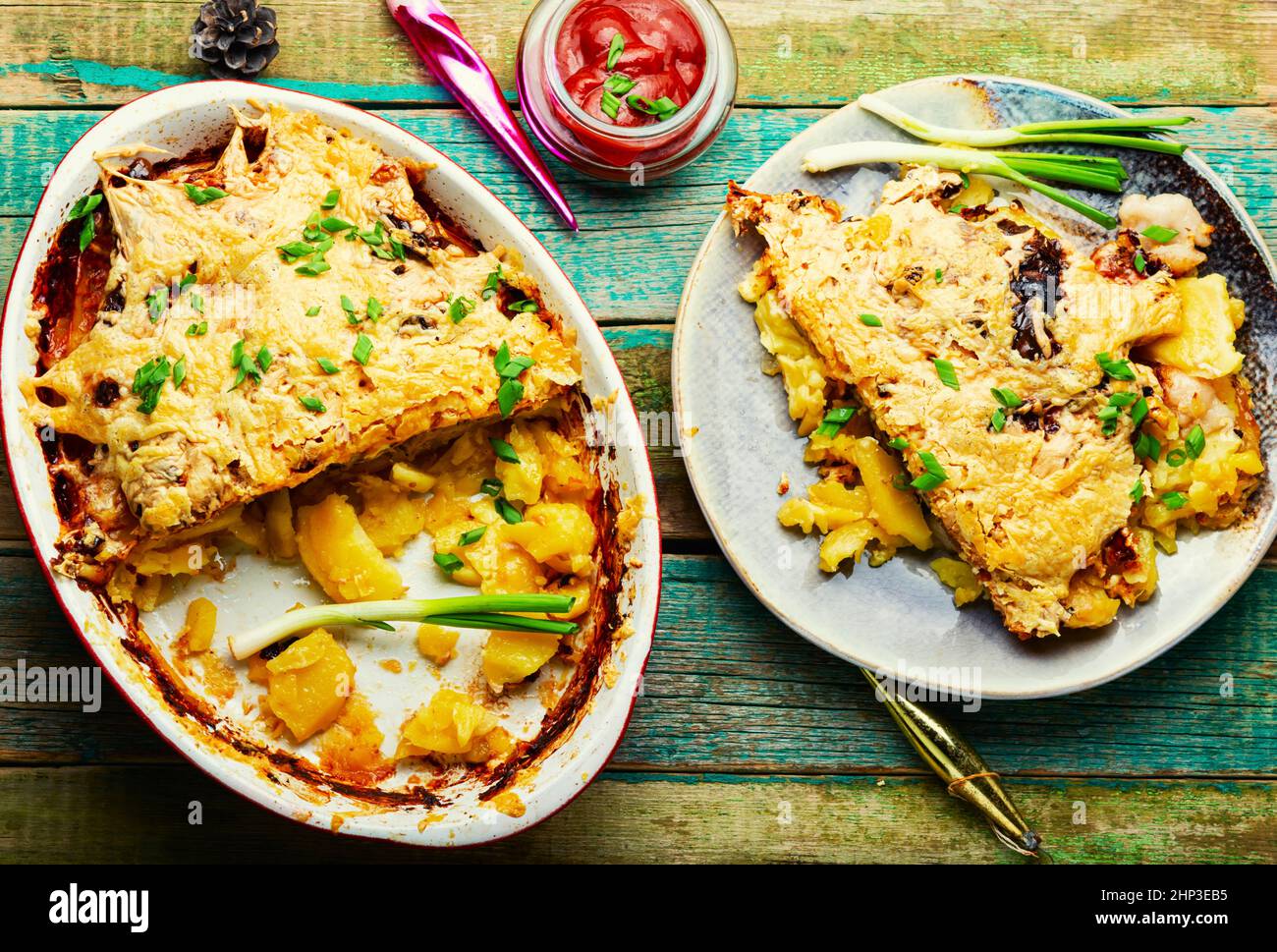 Veal, potato and cheese casserole. Meat gratin with potatoes and cheese