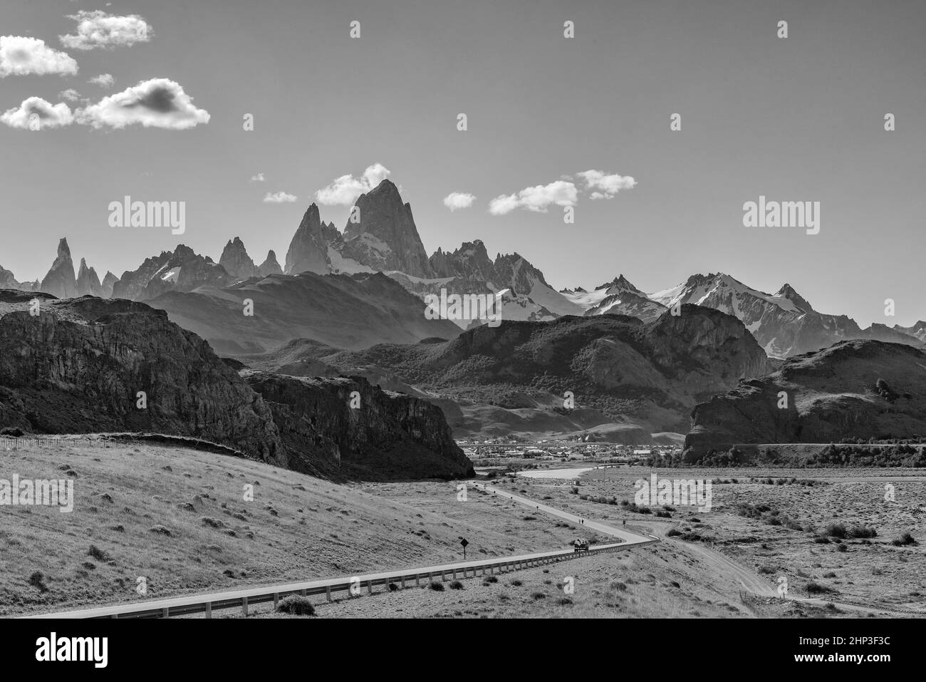 Mount Fitz Roy and Cerro Torre, Las Vueltas River near El Chalten, Argentina Stock Photo