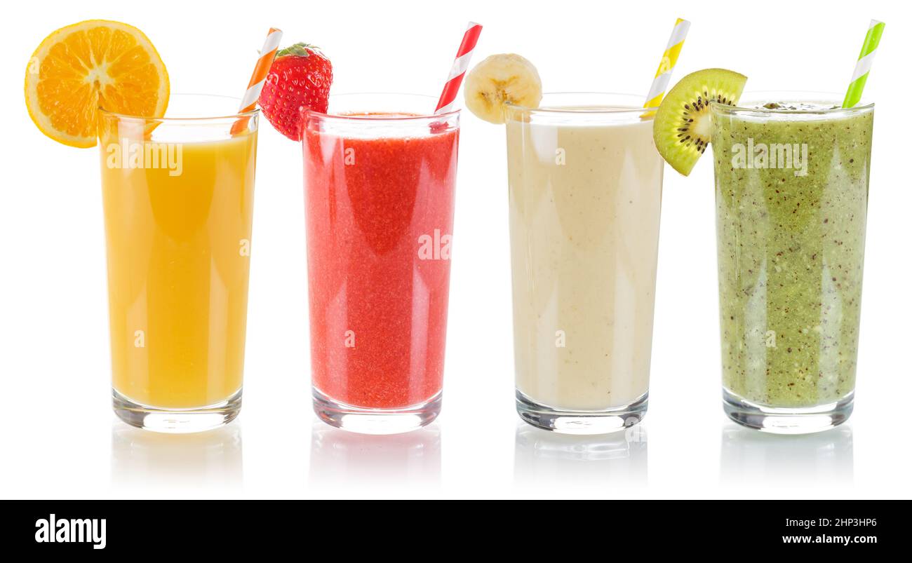 Smoothie smoothies fruit juice collection drink drinks fruits glass isolated on a white background Stock Photo