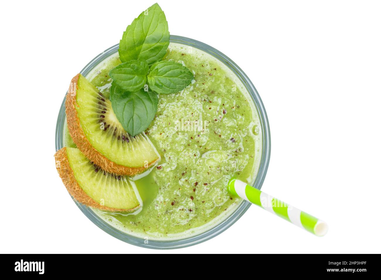 Green smoothie fruit juice drink kiwi in a glass isolated on a white background from above Stock Photo
