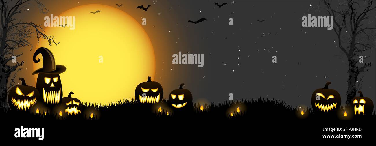 Halloween dead tree and pumpkins in front of an full moon Stock Vector