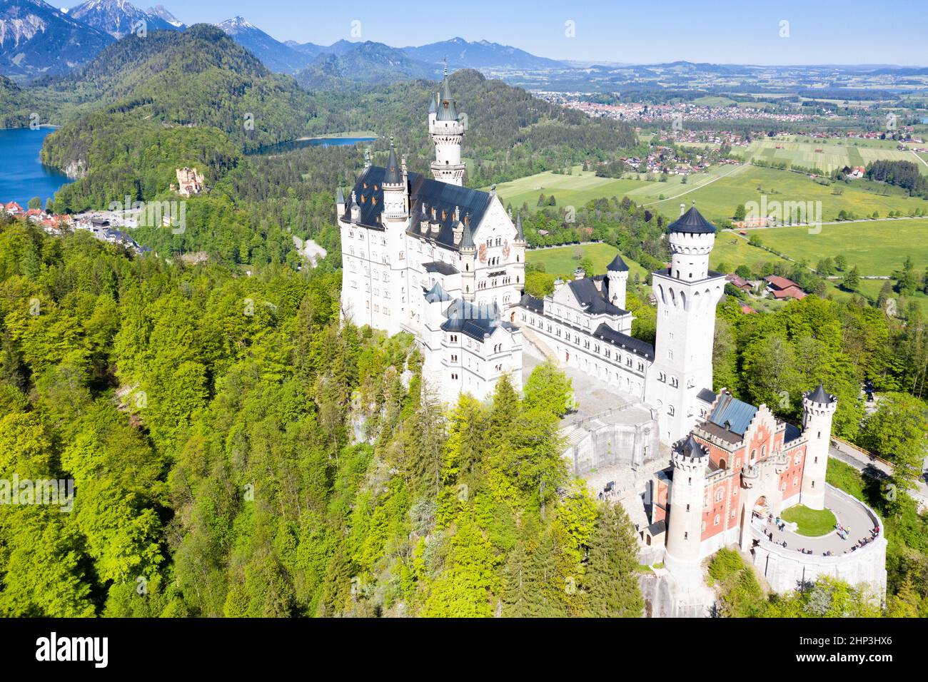 Schloss Neuschwanstein castle aerial view architecture Alps landscape Bavaria Germany travel from above Stock Photo
