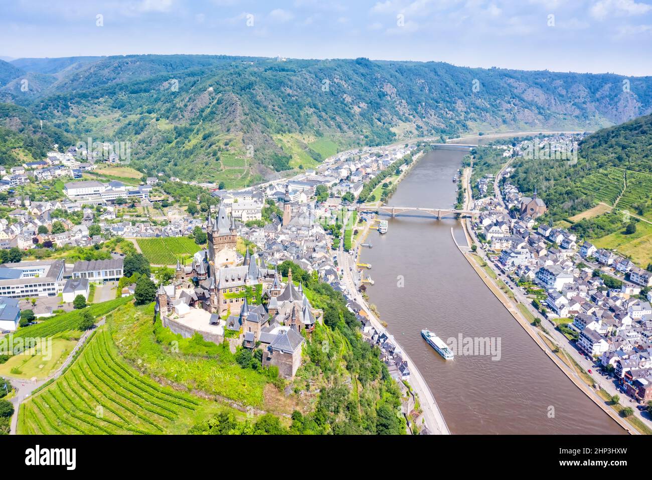 Cochem town at Moselle river Mosel with Middle Ages castle in Germany aerial Stock Photo