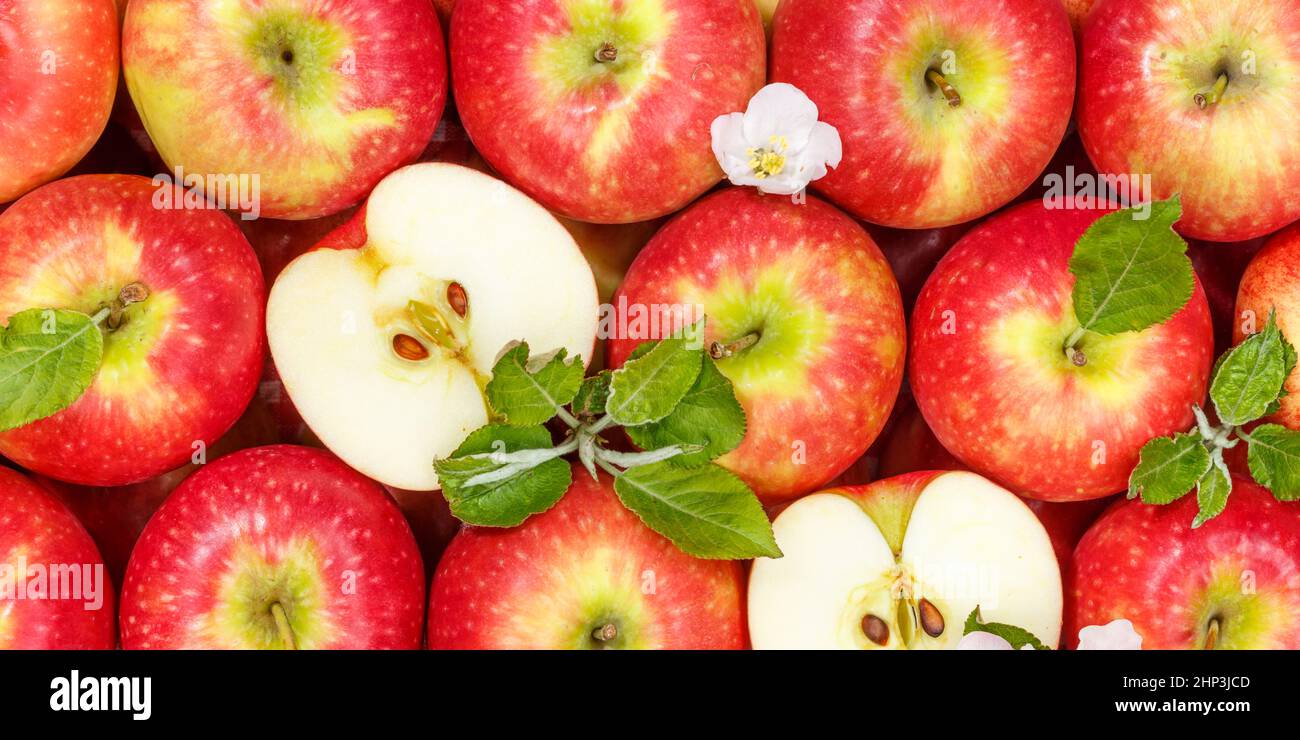Apples fruits red apple fruit with leaves from above panorama background sliced Stock Photo