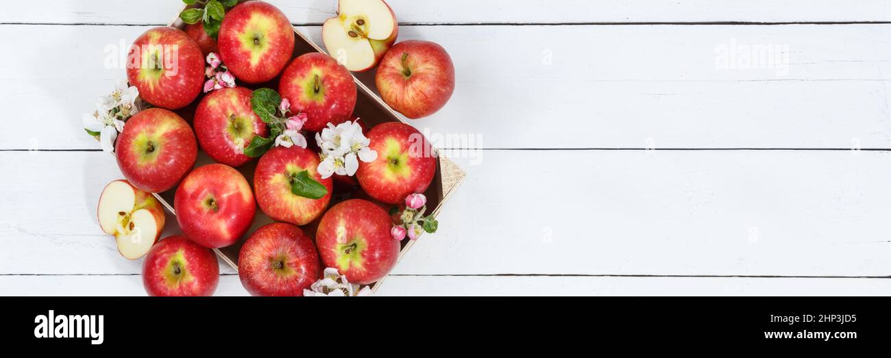 Apples fruits red apple fruit with leaves from above with copyspace copy space on a wooden board panorama top view Stock Photo