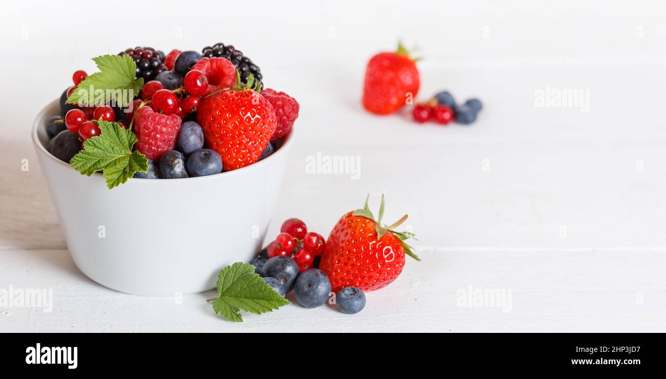 Berries fruits berry fruit strawberries strawberry blueberries blueberry on wooden board copyspace copy space panorama summer Stock Photo