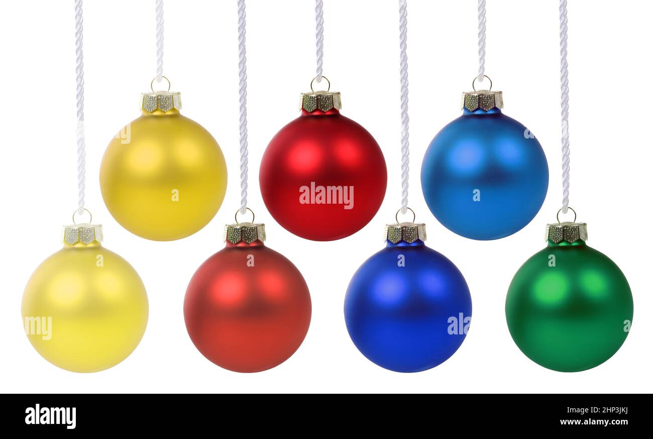 Christmas balls baubles decoration ornaments hanging isolated on a white background Stock Photo