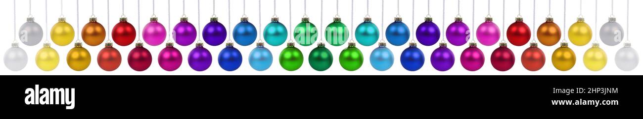 Christmas balls many baubles banner decoration collection of ornaments hanging isolated on a white background Stock Photo