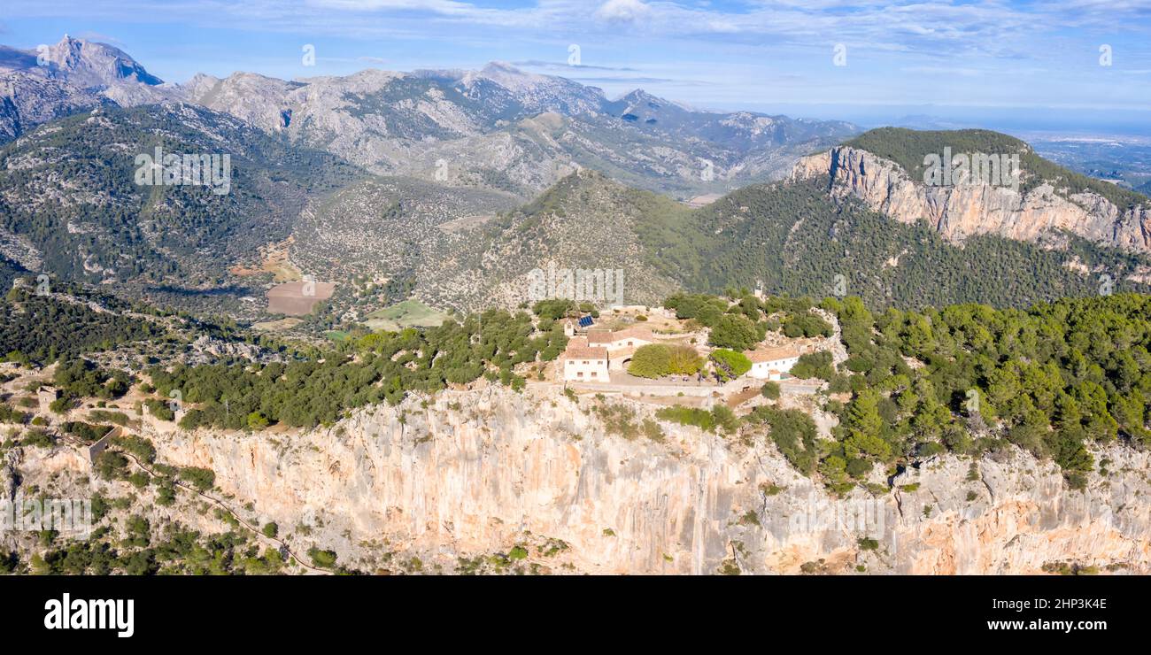 Ruins of castle Castell Alaro on Mallorca mountain landscape scenery travel traveling holidays vacation aerial photo view panorama in Spain Stock Photo