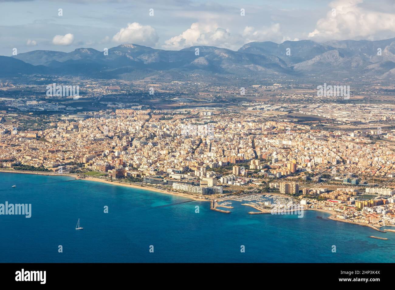 Palma de Mallorca town with Mediterranean Sea travel traveling holidays vacation aerial view photo in Spain Stock Photo