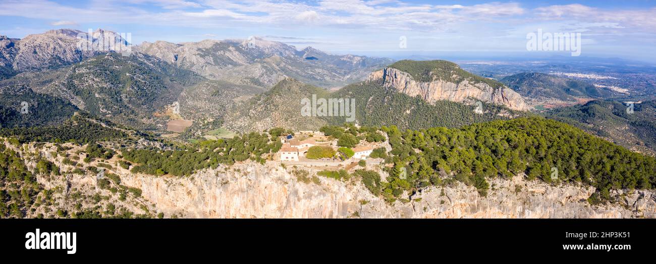 Ruins of castle Castell Alaro on Mallorca mountain landscape scenery travel traveling holidays vacation aerial photo view panorama in Spain Stock Photo