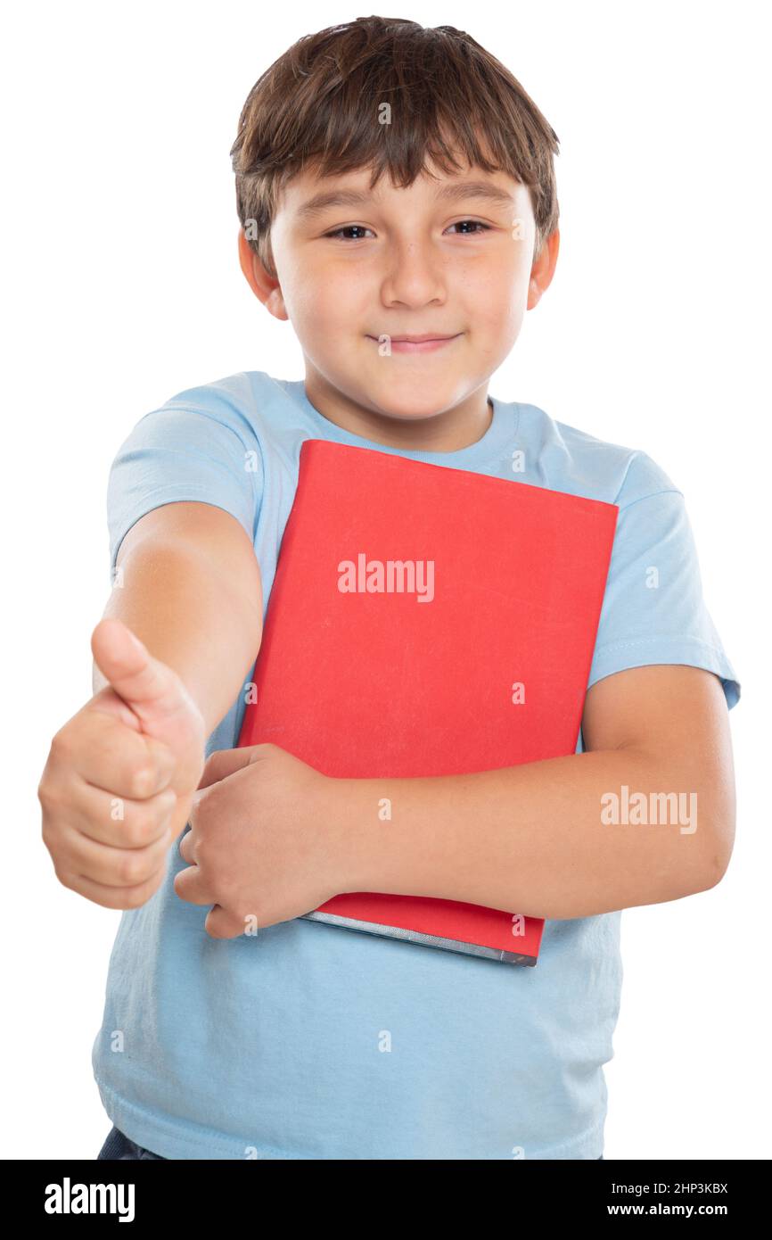 Young student child kid little boy showing thumbs up isolated on a white background portrait format Stock Photo