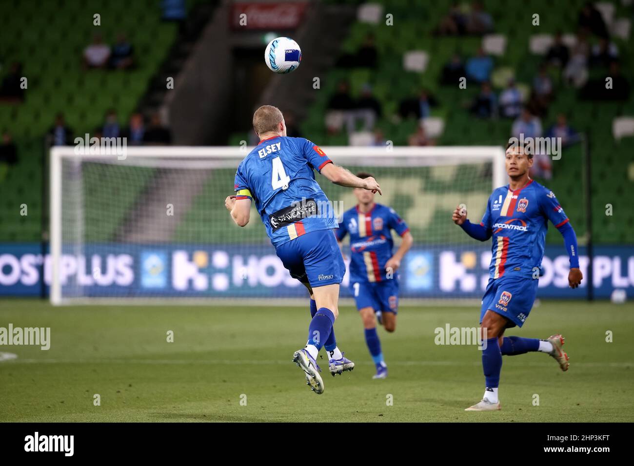 Melbourne, Australia, 18 February, 2022. Jordan Elsey of Newcastle Jets heads the ball during the A-League soccer match between Melbourne City FC and Newcastle Jets at AAMI Park on February 18, 2022 in Melbourne, Australia. Credit: Dave Hewison/Speed Media/Alamy Live News Stock Photo