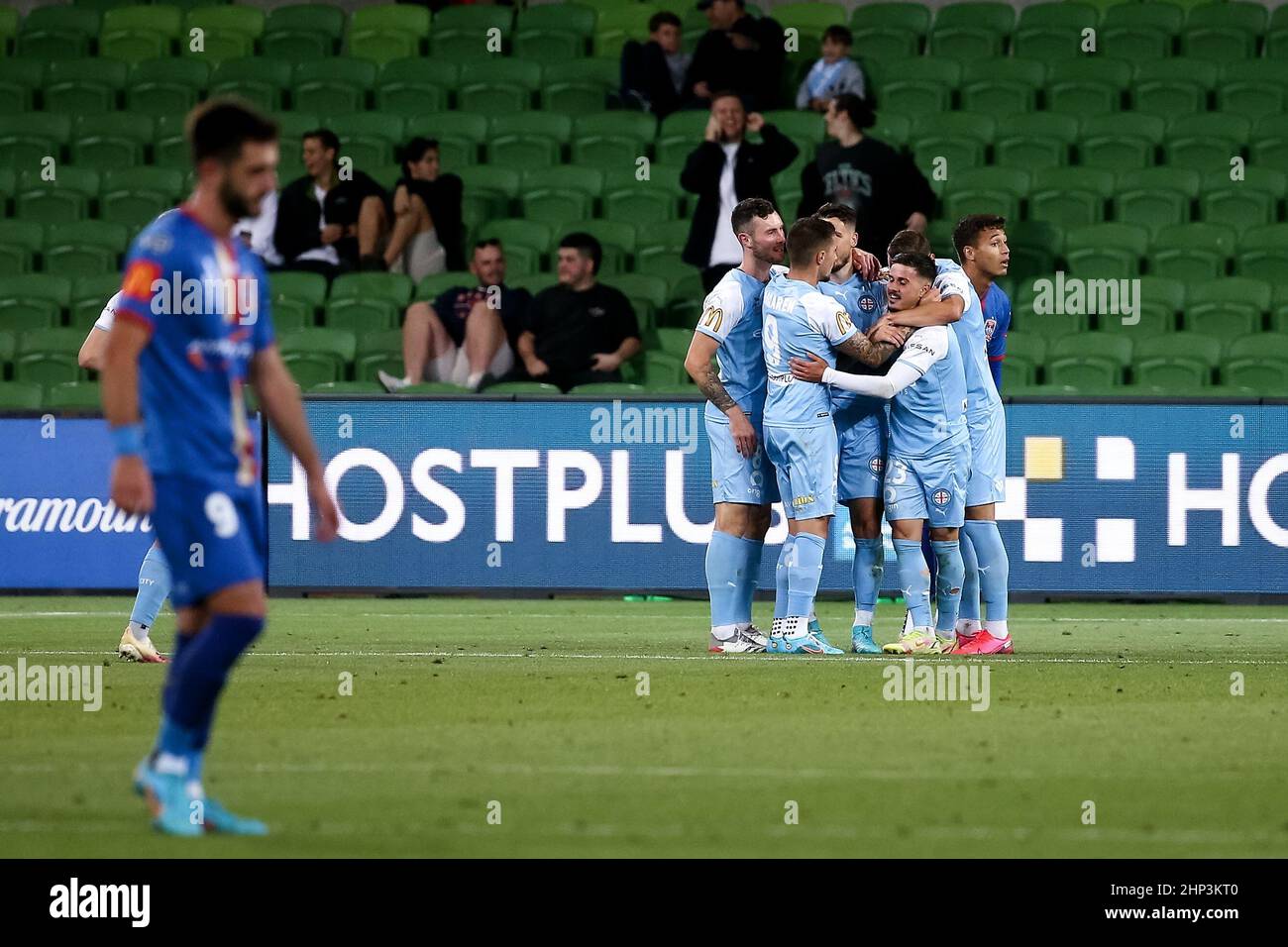 Melbourne, Australia, 18 February, 2022. Melbourne City celebrate a goal during the A-League soccer match between Melbourne City FC and Newcastle Jets at AAMI Park on February 18, 2022 in Melbourne, Australia. Credit: Dave Hewison/Speed Media/Alamy Live News Stock Photo