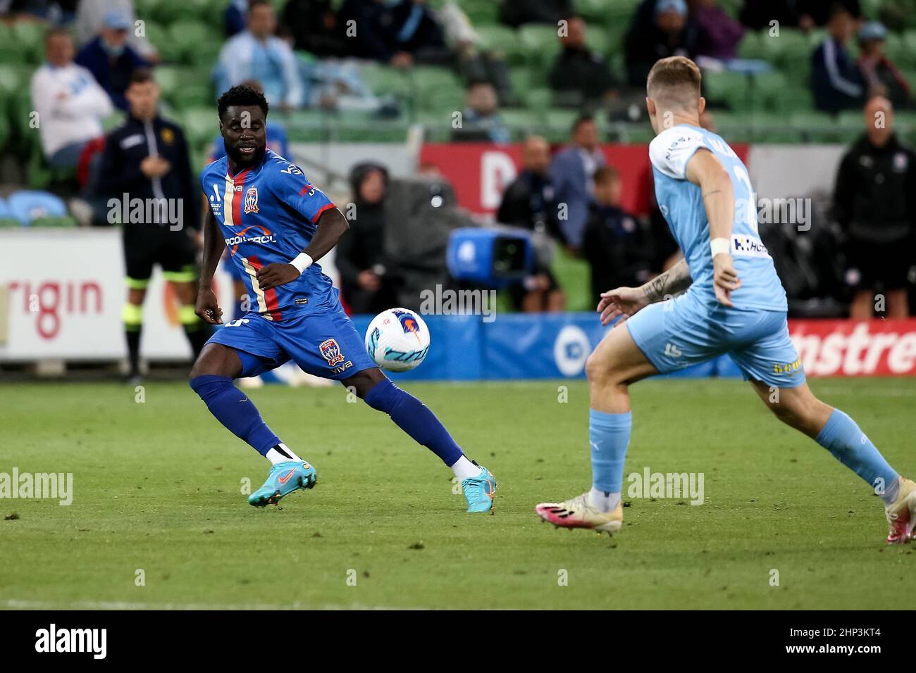 Melbourne, Australia, 18 February, 2022. Olivier Boumal of Newcastle Jets goes to block a ball during the A-League soccer match between Melbourne City FC and Newcastle Jets at AAMI Park on February 18, 2022 in Melbourne, Australia. Credit: Dave Hewison/Speed Media/Alamy Live News Stock Photo
