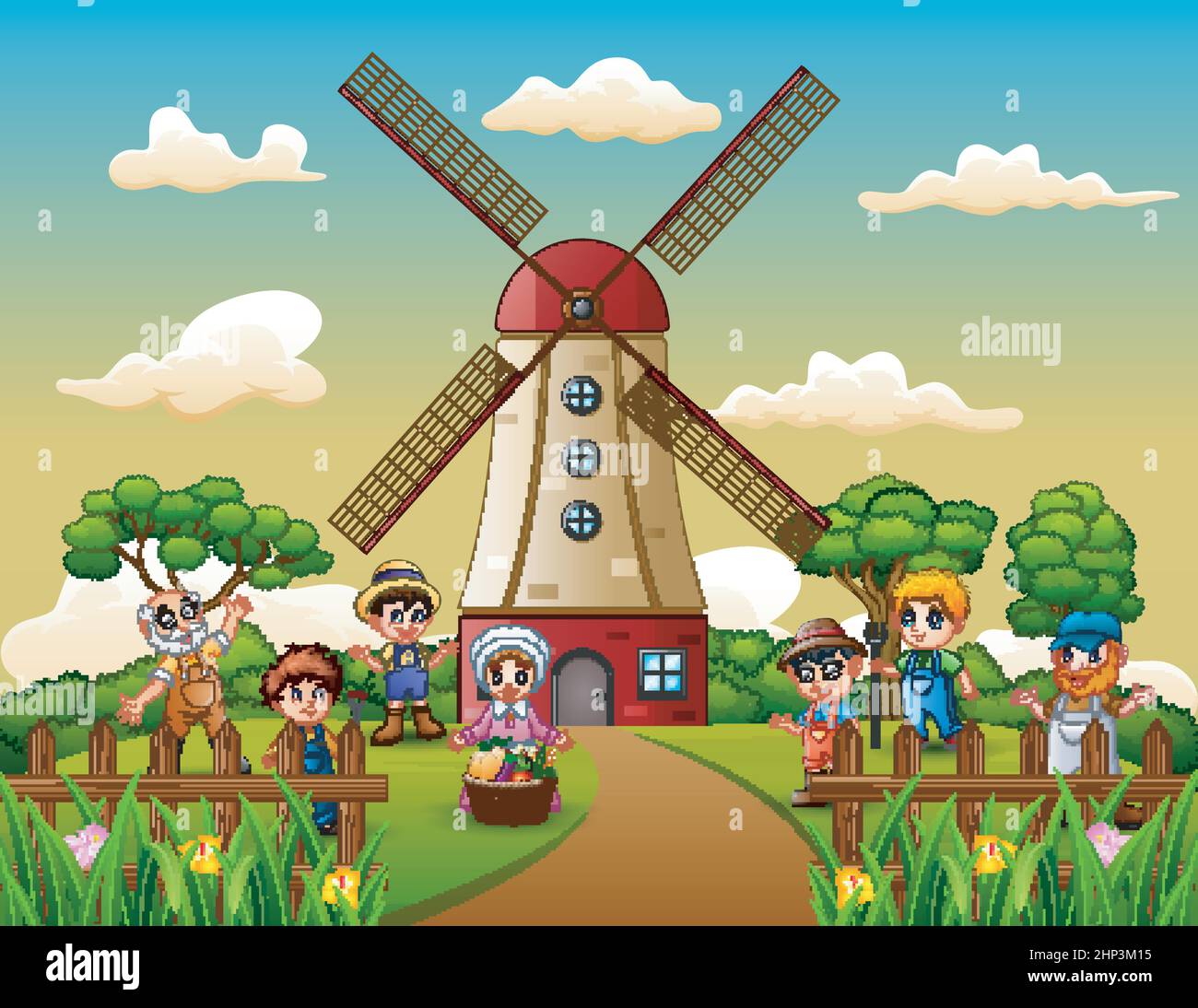 Happy farmer in front of windmill building background Stock Vector