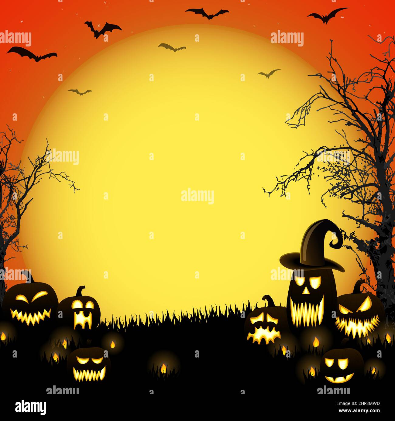Halloween dead tree and pumpkins in front of an full moon Stock Vector
