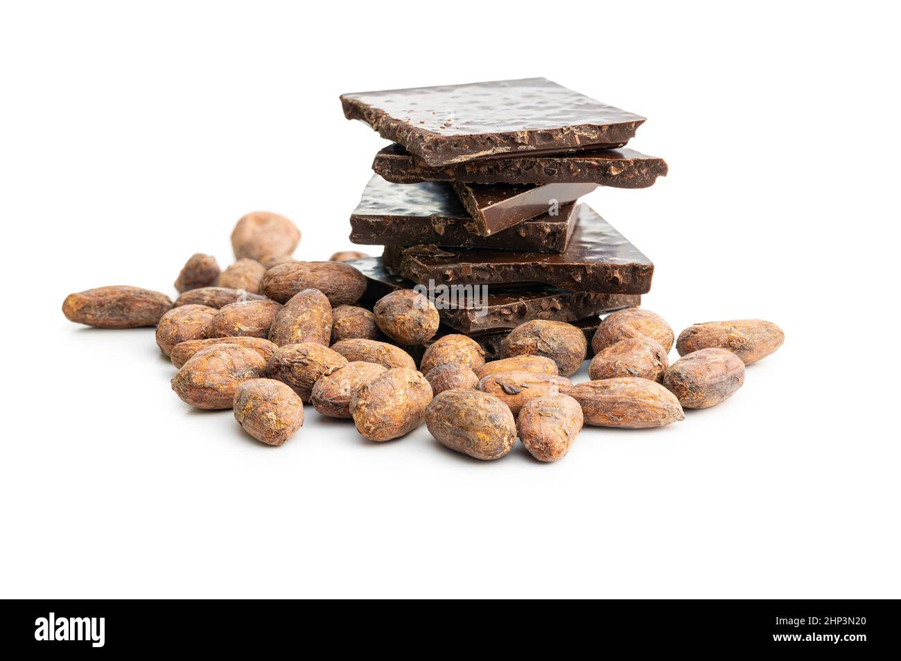 Dried cocoa beans and dark chocolate bar isolated on white background
