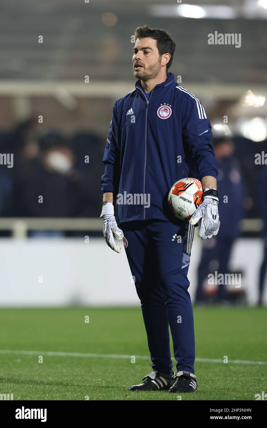 Bergamo, Italy, 17th February 2022. Panagiotis Agriogiannis Olympiacos FC goalkeeping coach looks on during the warm up prior to the UEFA Europa League match at Gewiss Stadium, Bergamo. Picture credit should read: Jonathan Moscrop / Sportimage Credit: Sportimage/Alamy Live News Stock Photo