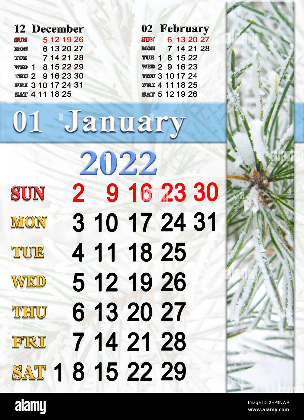 calendar for January 2022 with pine branch covered by snow. Photo calendar 2022. Simple Calendar. Printable. Letter size. Office planner. Sunday start Stock Photo