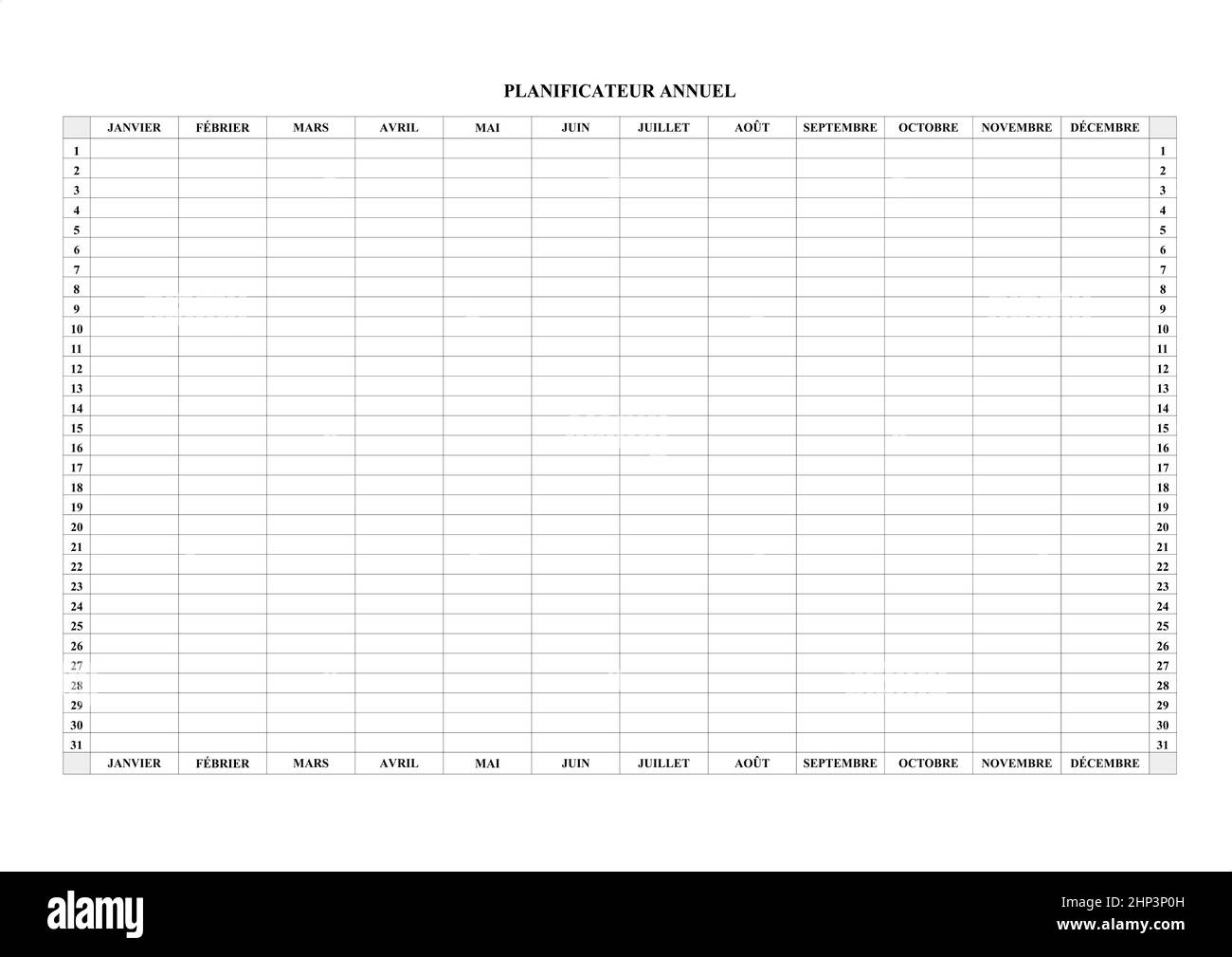 Yearly calendar 2022 schedule with empty cells to write. blank note for to do list on paper background. Planner 2022 in French. Empty cells of planner Stock Photo