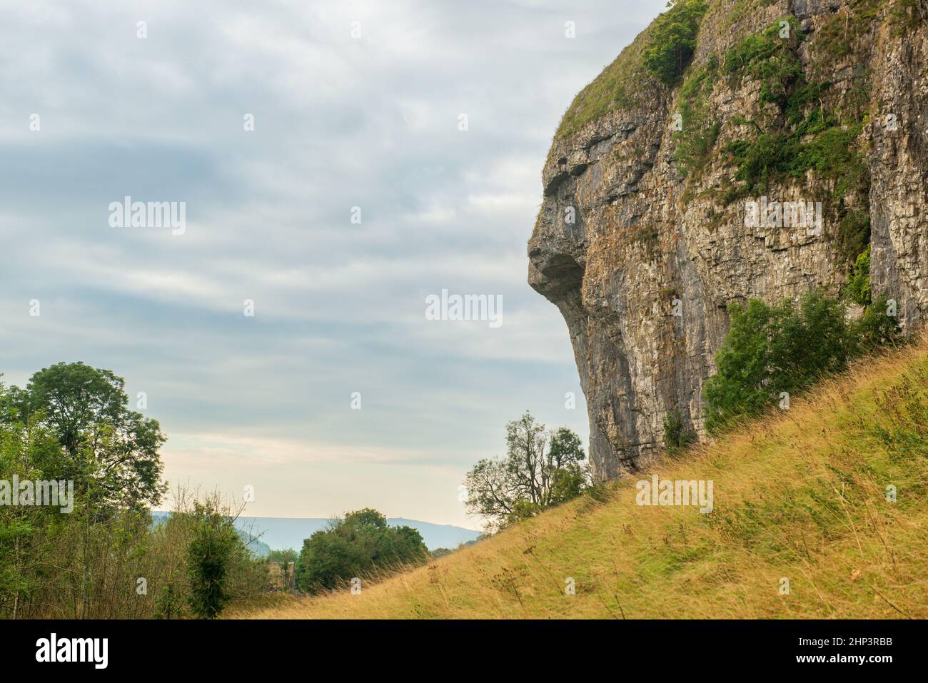Kilney Crag in Wharfedale - a well known overhanging cliff in the Yorkshire Dales Stock Photo