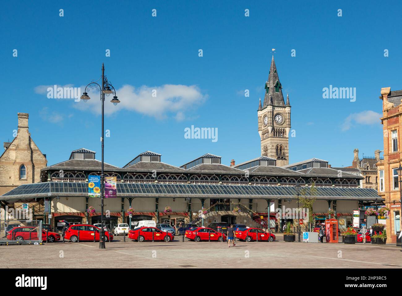 The market square, Market Hall and Clock tower in the centre of Darlington, County Durham Stock Photo