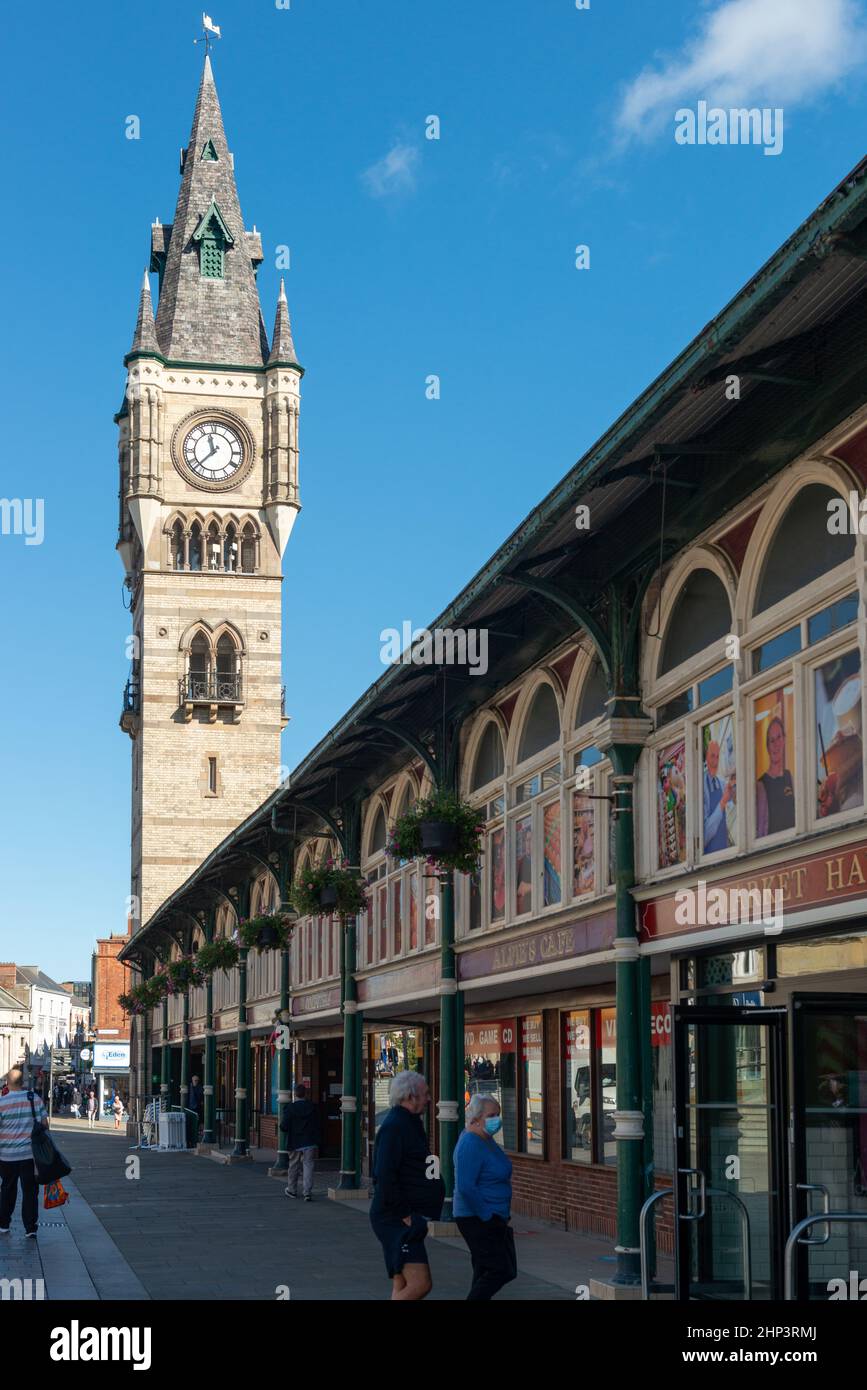 The Market Hall and Clock tower in the centre of Darlington, County Durham Stock Photo
