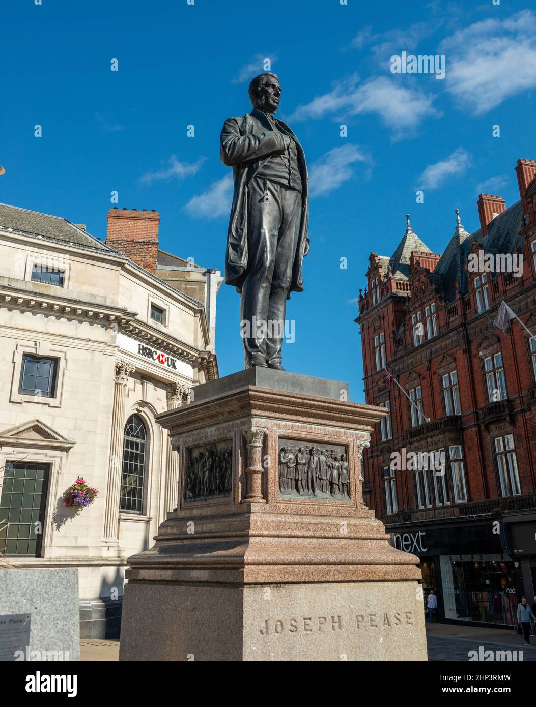 A bronze statue of Joseph Pease - quaker, parliamentarian, railway pioneer and animal rights activist -  in the centre of Darlington Stock Photo