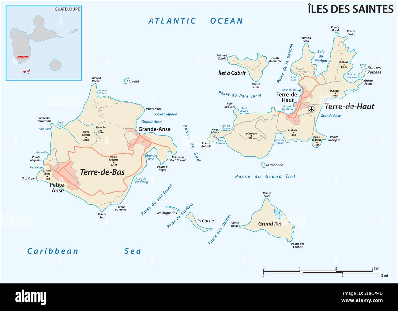 Road map of the islands of Les Saintes, part of Guadeloupe Stock Vector