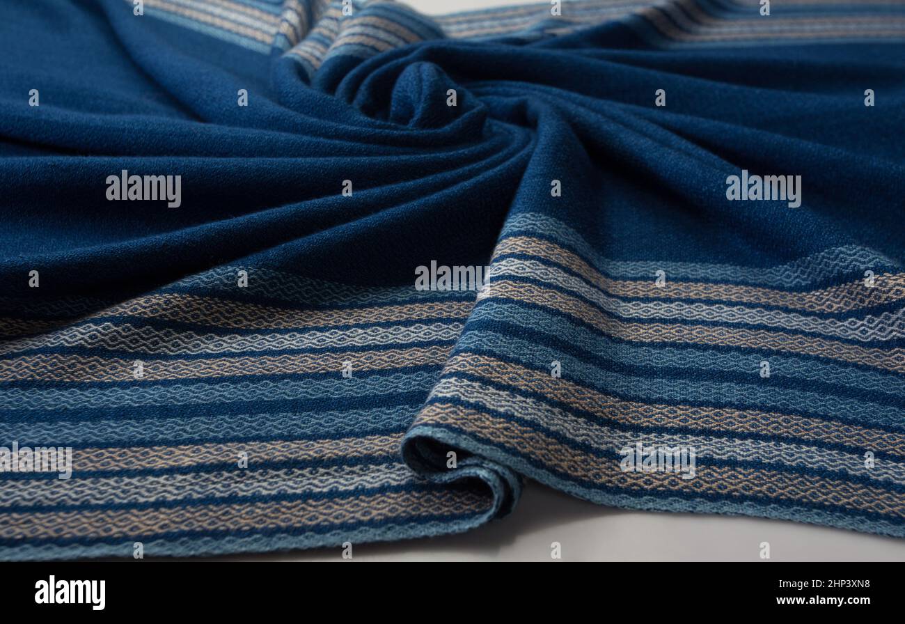 Close up of texture of hand woven stripe shawl, Thai cotton indigo dyed Stock Photo