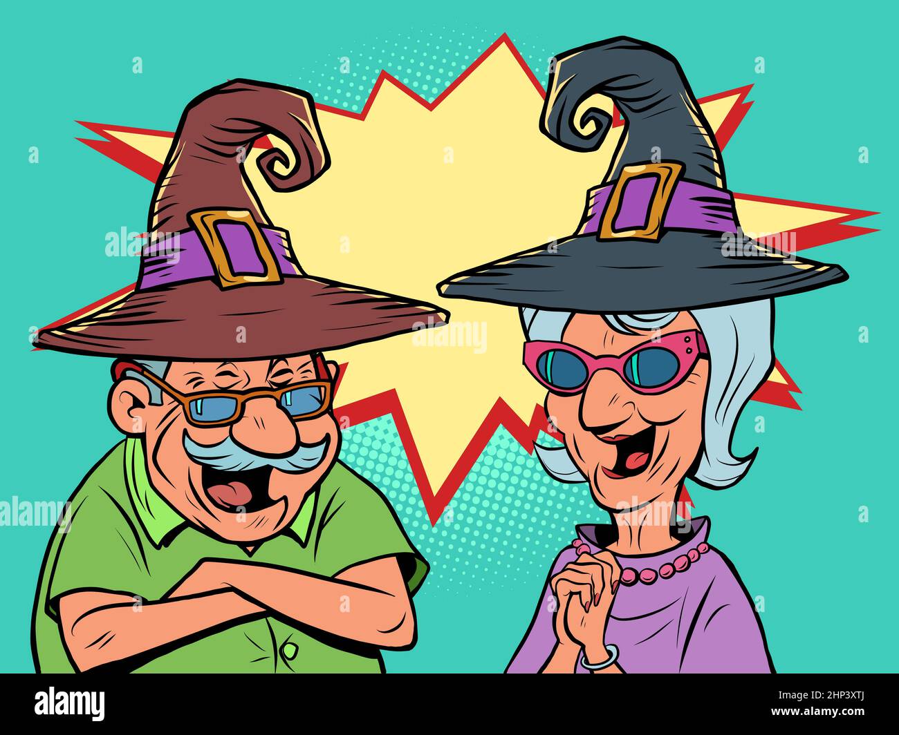 An old man and an old women couple in halloween hats laugh. love and friendship. comic cartoon illustration vintage hand drawing Stock Photo