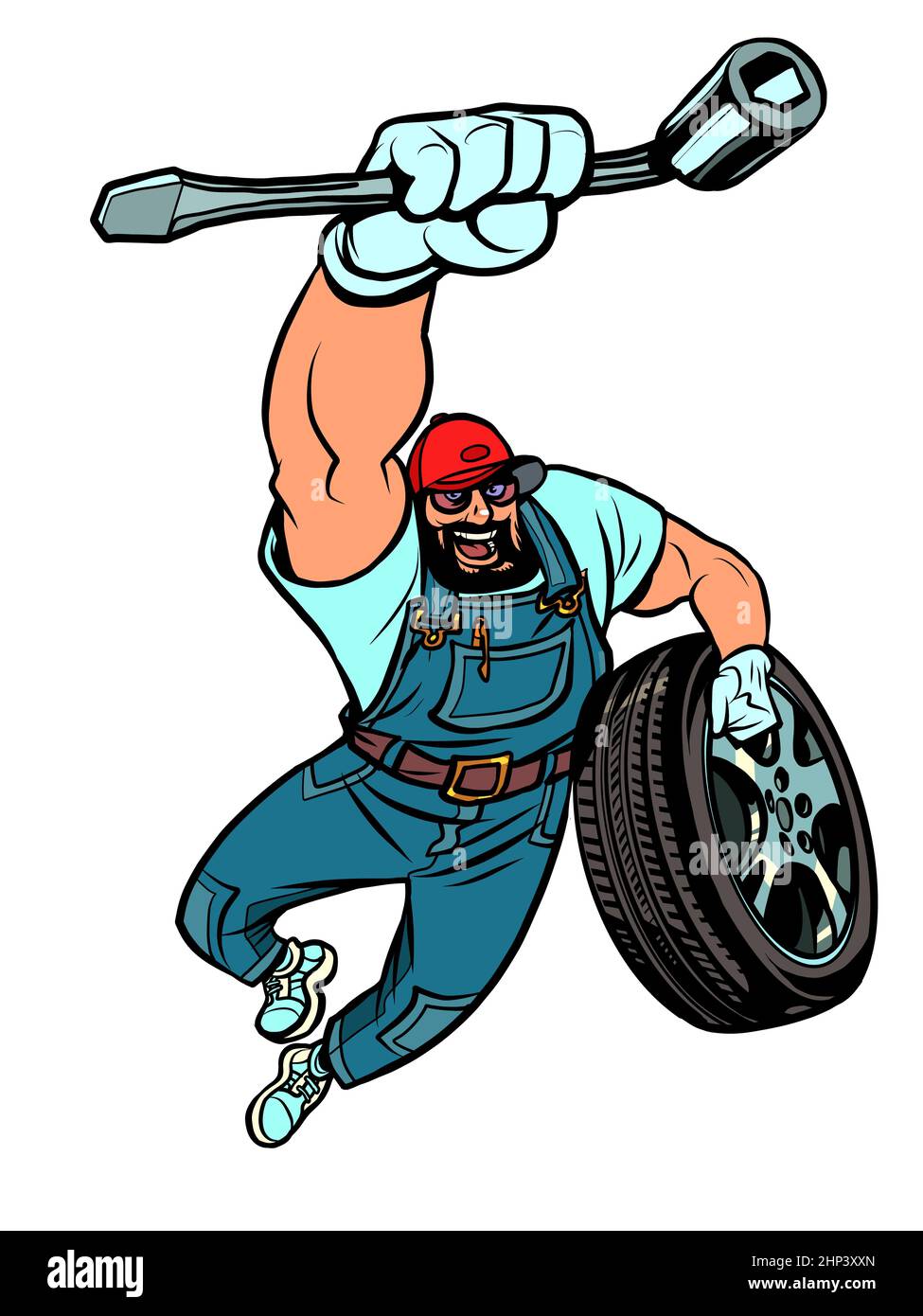 wrench mechanic car wheel replacement, specialist repair service. Comic cartoon hand drawing retro vintage Stock Photo