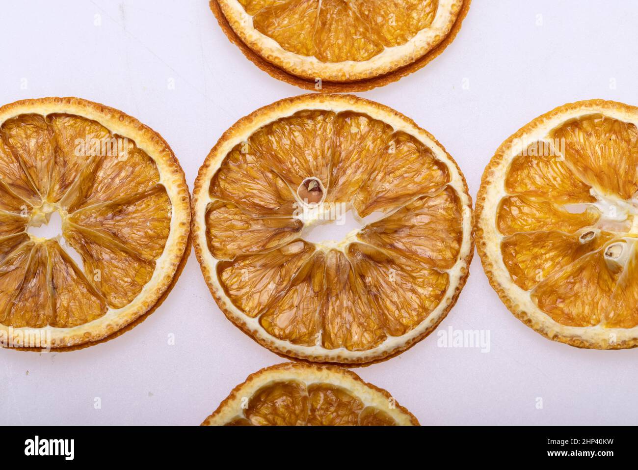 Dried orange slices. Dehydrated crispy fruits for decorating dishes for