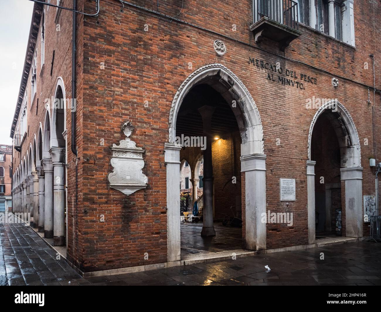 Venice, Italy - January 5 2022: Rialto Fish Market or Mercato del Pesce al Minuto at Rialto in Venice. Stock Photo