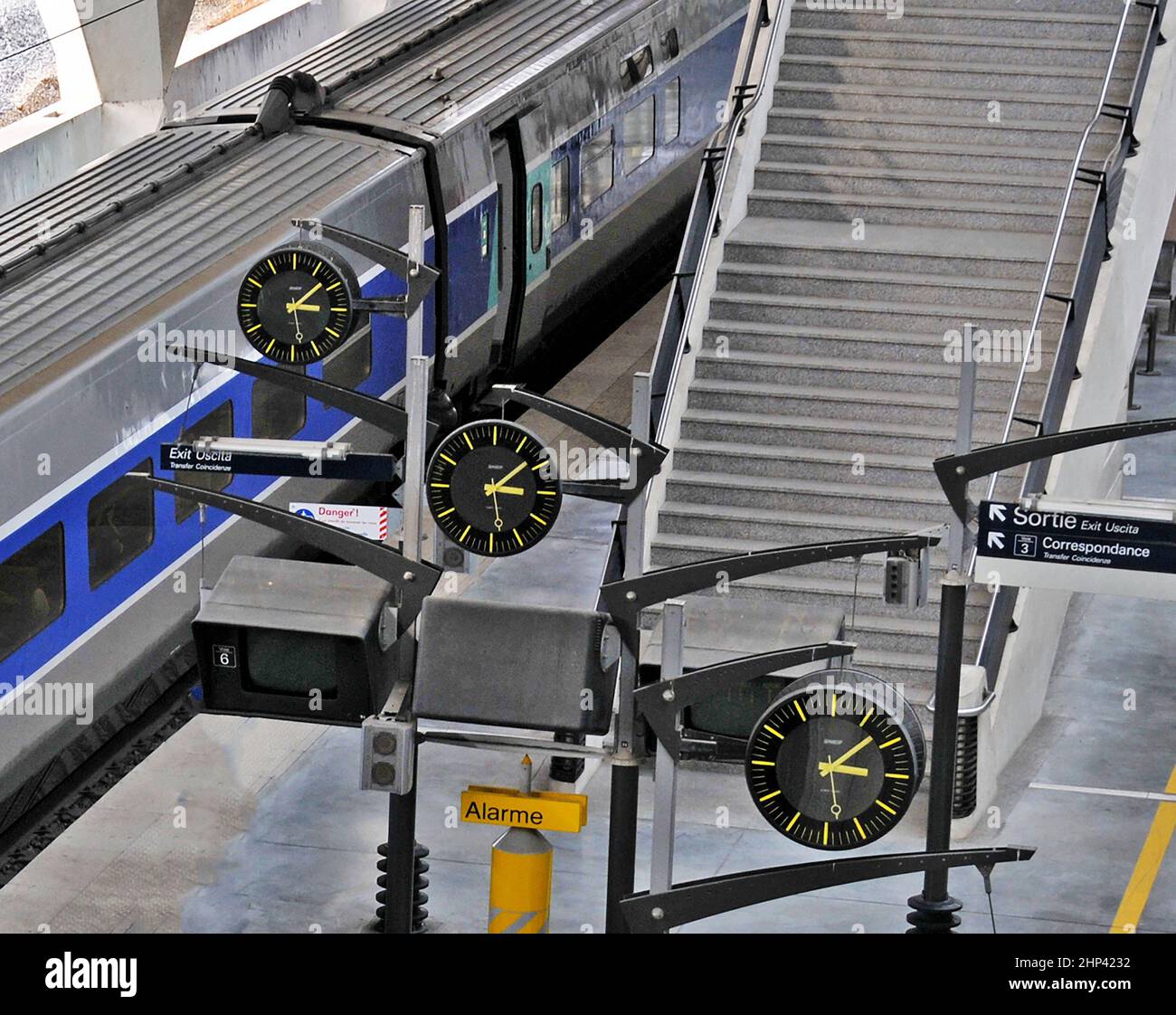 clocks in railway station of Lyon Saint-Exupery international airport, Satolas, France Stock Photo