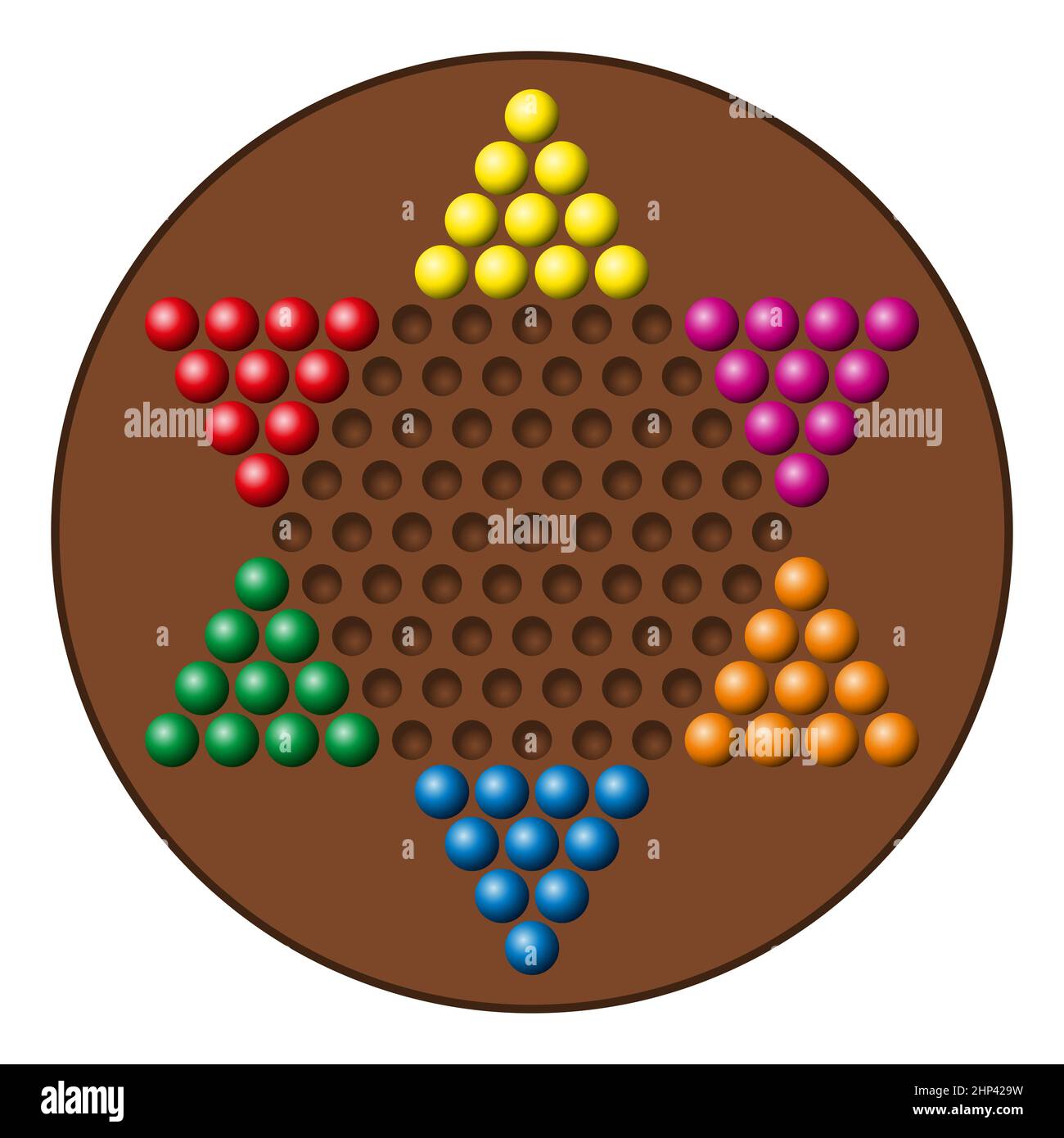 Chinese checkers game board, with rainbow colored marbles. Also known as sternhalma, or Chinese chequers. A strategy board game of German origin. Stock Photo