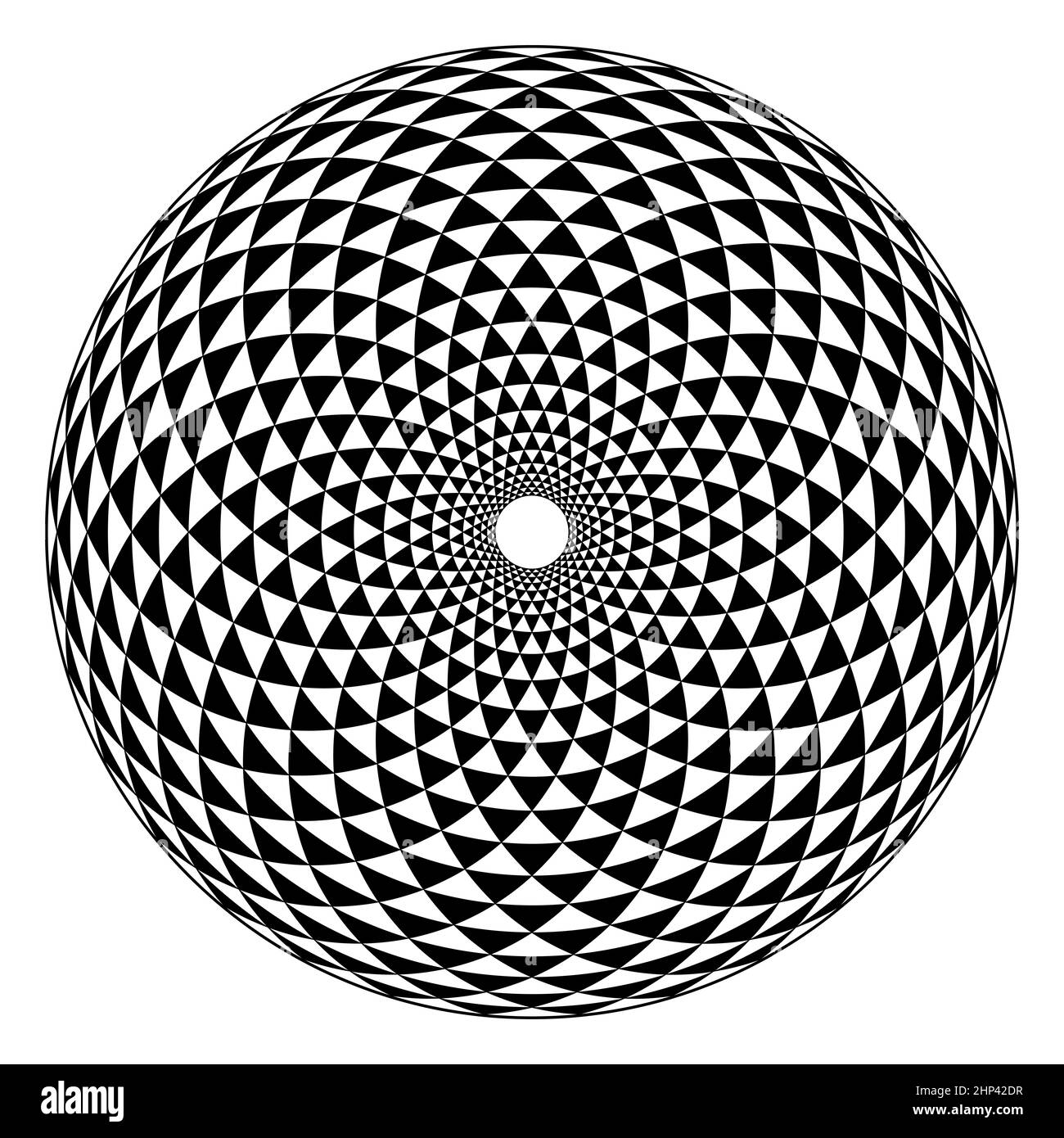 Fibonacci pattern, black and white triangle checkered circle, formed by arcs, arranged in spiral form, crossed by circles, creating bend triangles. Stock Photo