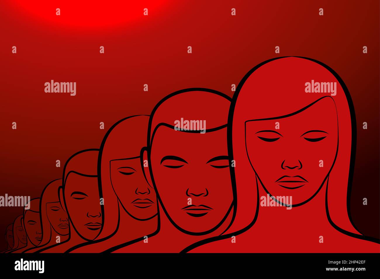 Hypnotized. Men and women standing in a row, eyes closed. They got caught in a deep sleep-like hypnosis. Stock Photo