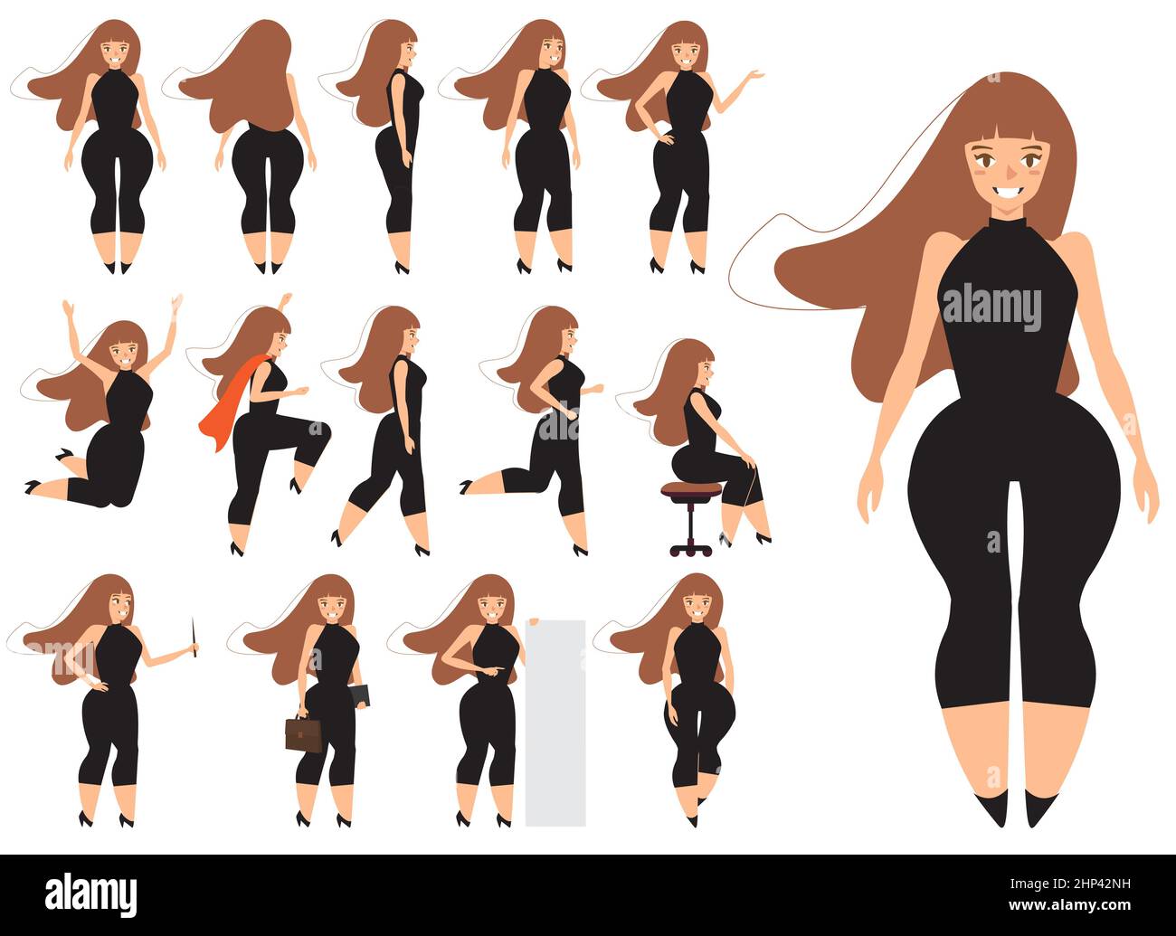 Businesswoman character design.Front, side, back view, Business girl