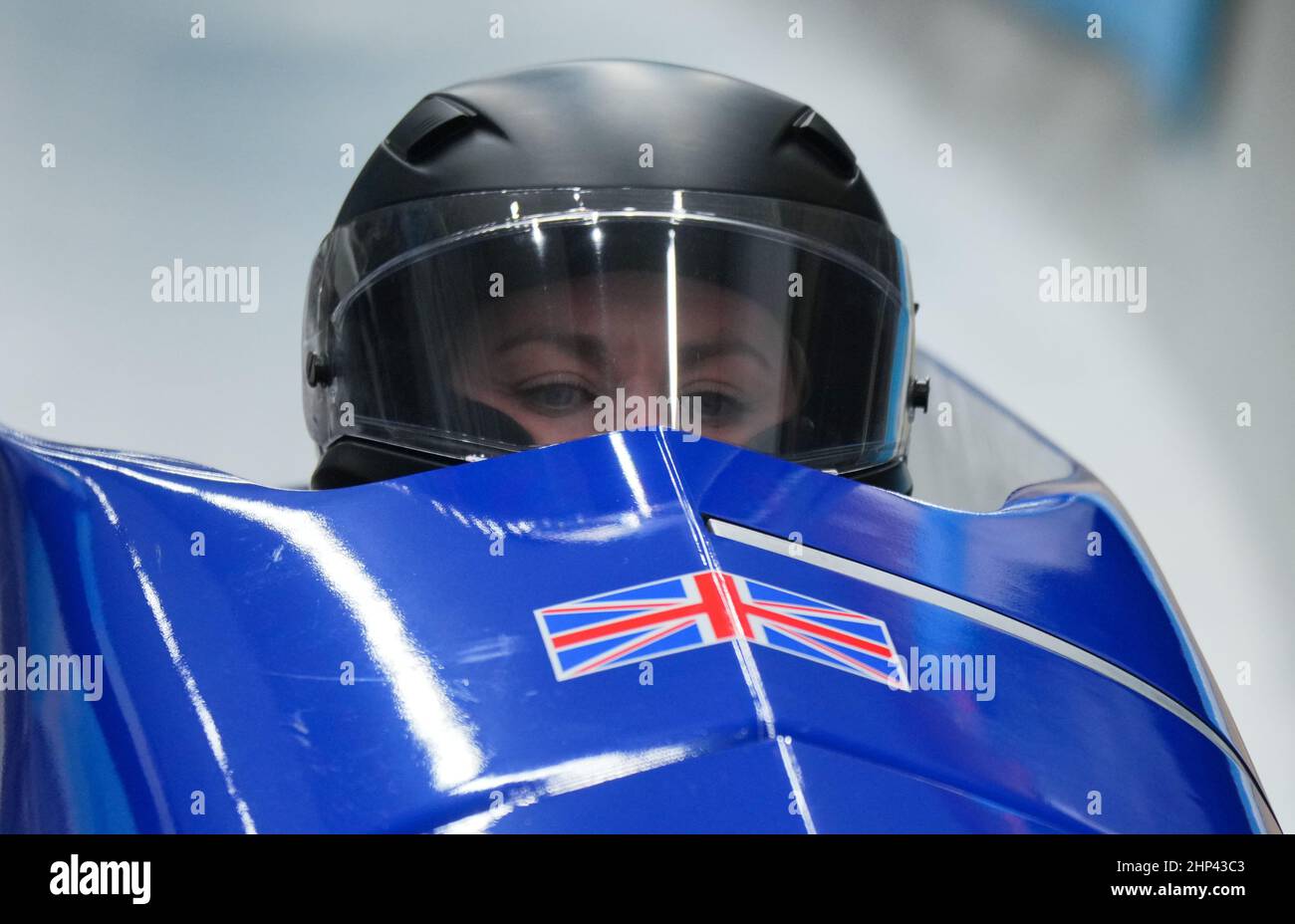 Great Britain's Pilot Mica McNeil and her pusher Montell Douglas compete in the 2-woman Bobsleigh during day fourteen of the Beijing 2022 Winter Olympic Games at the National Sliding Centre in China. Picture date: Friday February 18, 2022. Stock Photo