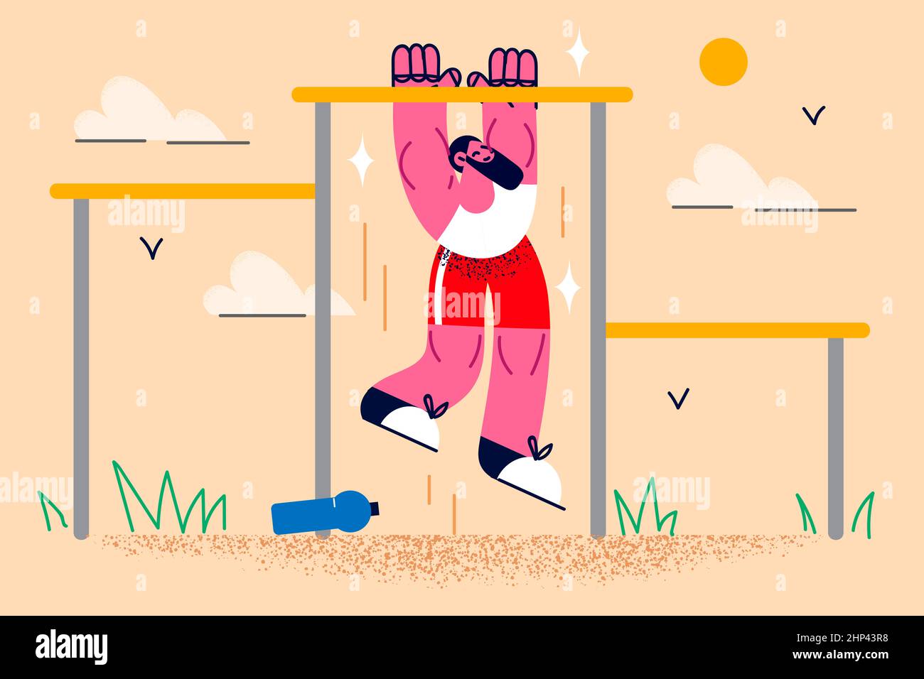 Toned fit sportsman make pull ups on bar outdoors. Active man do