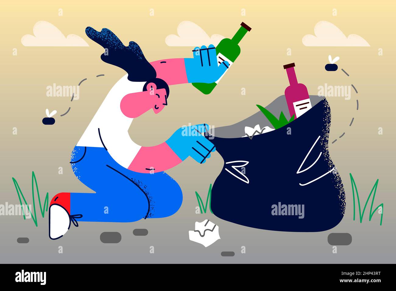 Woman volunteer collect garbage from ground into bag take care about