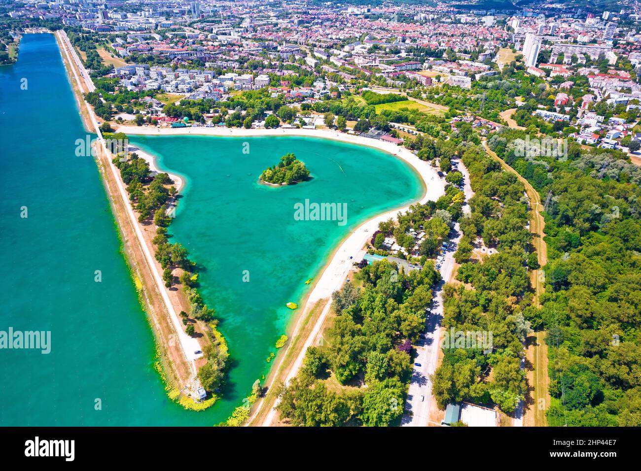 Jarun lake. Aerial view of beaches of Jarun lake in city of Zagreb, summer oasis in capital of Croatia Stock Photo