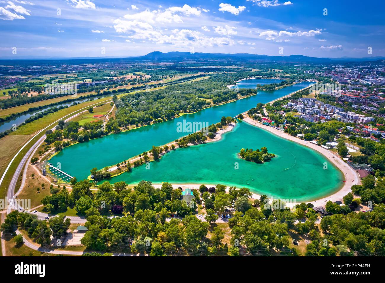 Jarun lake. Aerial view of beaches of Jarun lake and Sava river in city of Zagreb, summer oasis in capital of Croatia Stock Photo
