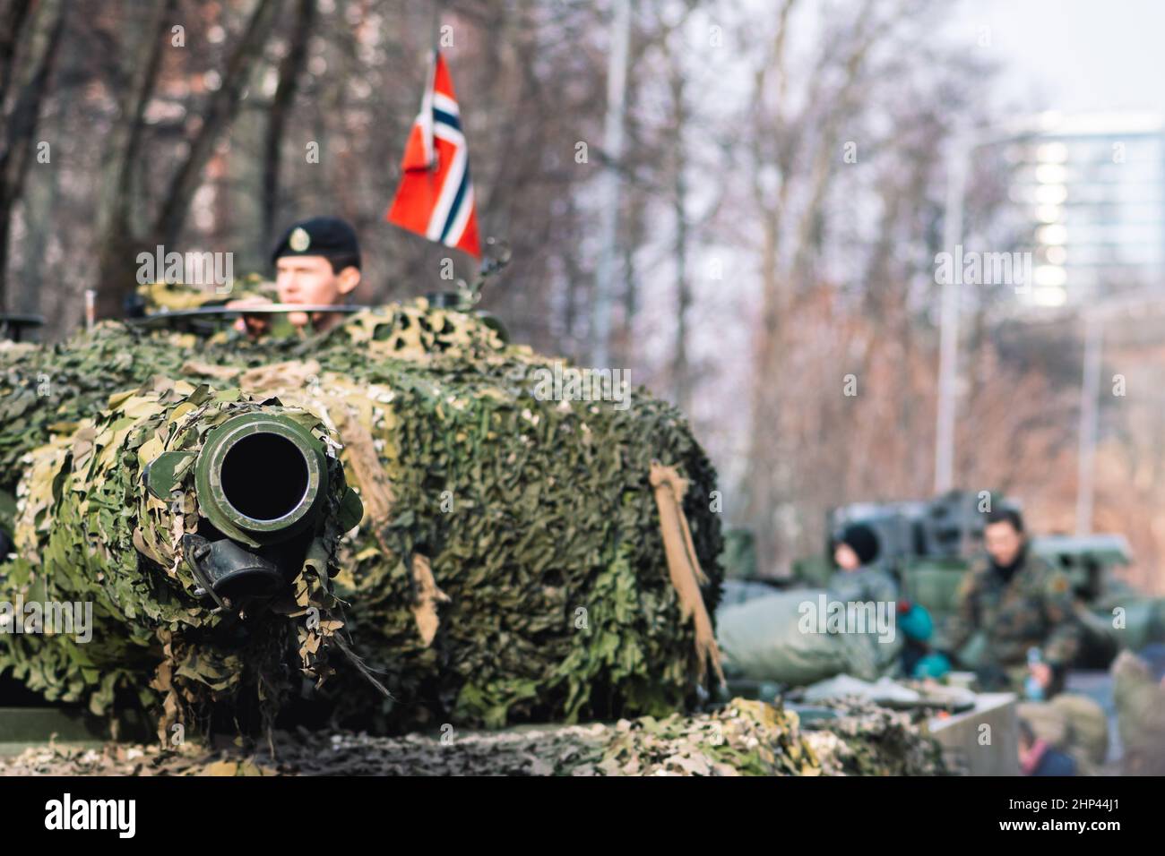 Norwegian Army armored tank with cannon and camouflage coating and