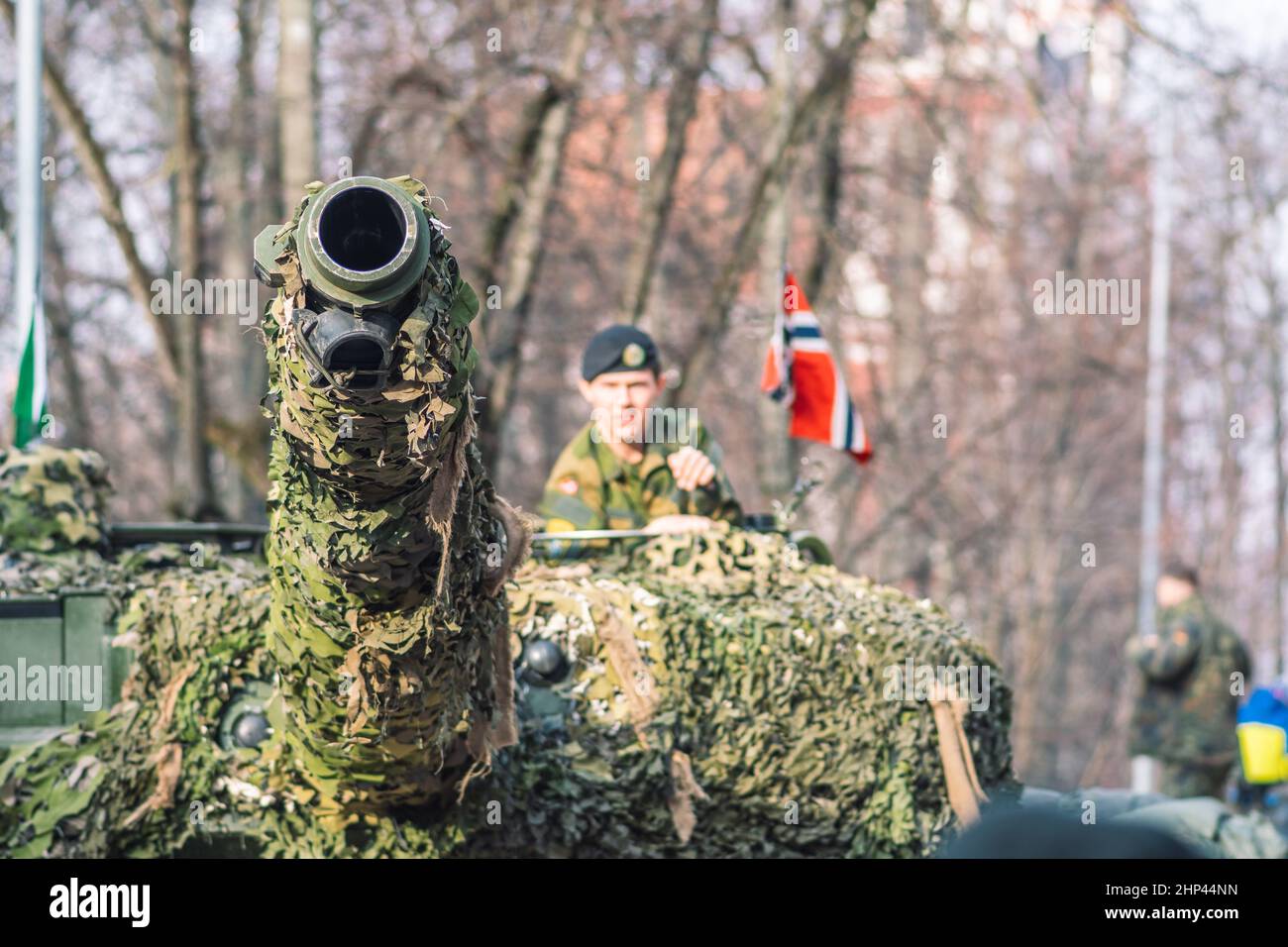 Norwegian Army armored tank with cannon and camouflage coating with ...