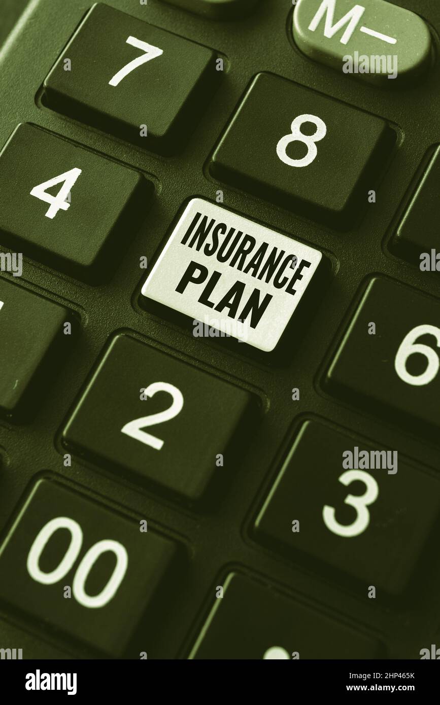 Text caption presenting Insurance Plan, Conceptual photo includes the risk management that a worker is covered Typing And Publishing Descriptions Onli Stock Photo